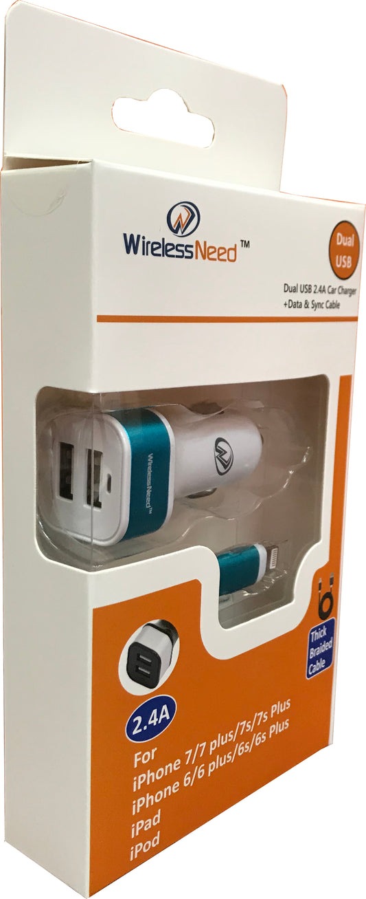 Dual Pack Car Charger Dual with USB to Lightning Cable for iPhone
